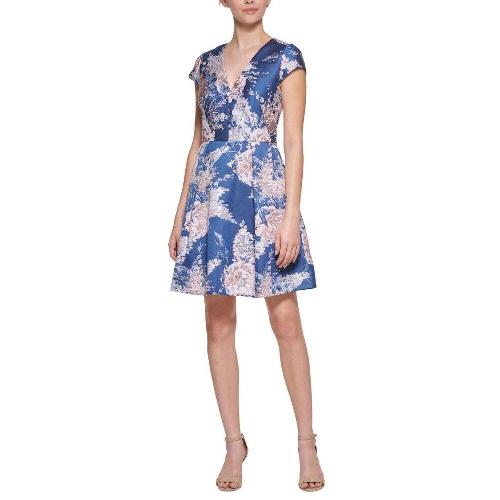 Vince Camuto Blue and Light Pink Floral Fit & Flare Dress